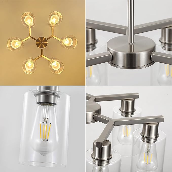 6-Light Farmhouse Brushed Nickel Chandelier,Modern Chandeliers for Dining Room Light Fixture Over Table,Adjustable Hanging Industrial Rustic Pendant Lights Kitchen Island Light with Clear Glass Shade-CasaMuseHome