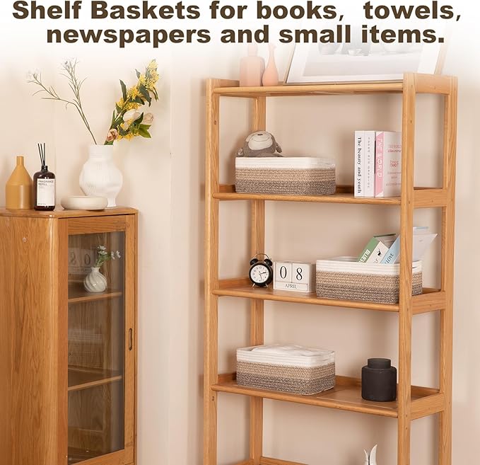 3 Pack Small Storage Baskets for Organizing, Cute Woven Decorative Gift Baskets for Shelves, Mini Closet Organizer Bins with Handles-13''Lx8.66''Wx5.11''H-Brown White-CasaMuseHome