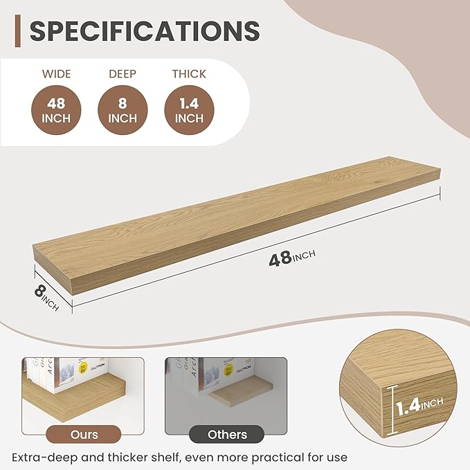 48 Inch Floating Shelves, 8 Inch Deep Floating Shelves for Wall, Hanging Shelf with Invisible Brackets, Deep Shelves for Bathroom, Bedroom, Living Room, Oak, Set of 1-CasaMuseHome