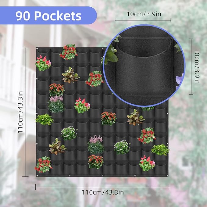 90 Pockets Hanging Planter Bags, Hanging Vertical Wall Mounted Plant Planting Grow Bags, Herb Garden Planter Outdoor Indoor Growing Bag, Gardening Vertical Greening Flower Container(1.1m×1.1m, Black)-CasaMuseHome