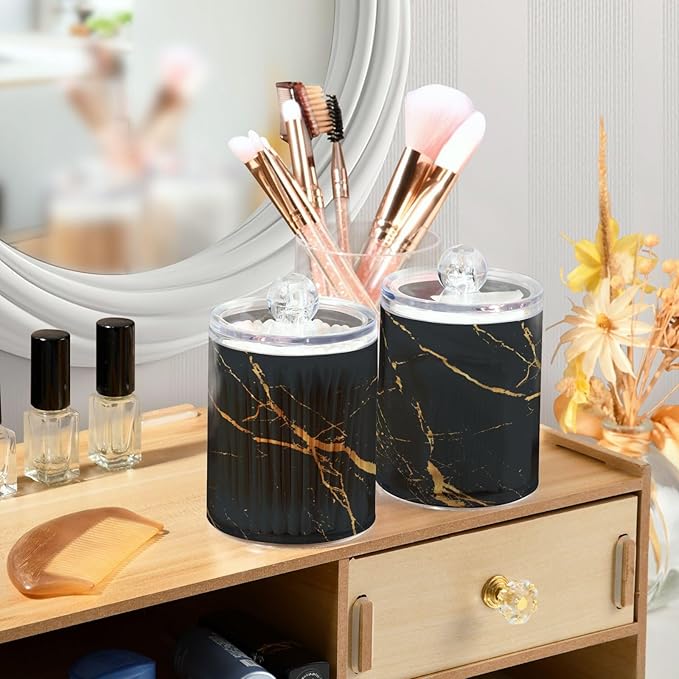 2 Pack Qtip Holder Organizer Dispenser Gold Black Marble Texture Bathroom Storage Canister Cotton Ball Holder Container for Cotton Pads/Swabs/Floss-CasaMuseHome