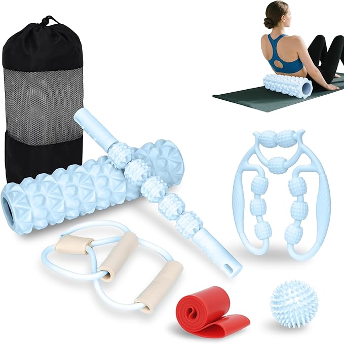 7 in 1 Foam Roller,Products Include Foam shafts,Muscle Roller Bars,Leg Massagers,Fascia Balls,Stretch Bands,8-Shaped Resistance Bands,are Used for Full-Body Relax,Yoga(White Pink Blue) (Blue)-CasaMuseHome