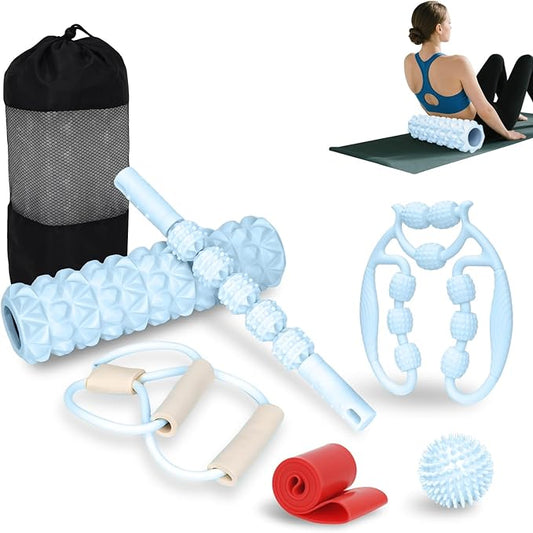 7 in 1 Foam Roller,Products Include Foam shafts,Muscle Roller Bars,Leg Massagers,Fascia Balls,Stretch Bands,8-Shaped Resistance Bands,are Used for Full-Body Relax,Yoga(White Pink Blue) (Blue)-CasaMuseHome