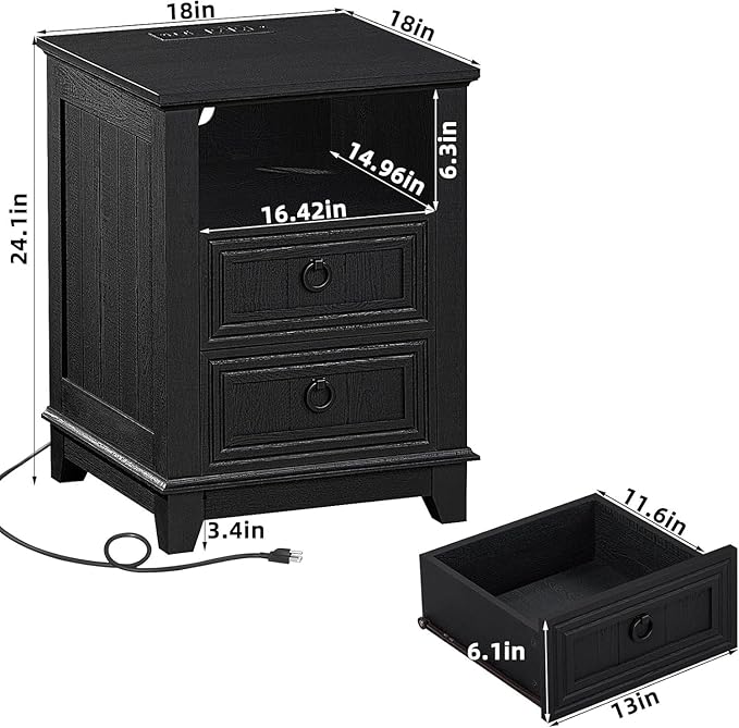 18" Night Stands Set of 2 with Charging Station, Farmhouse 2 & 3 Drawers End Table Dresser for Bedroom, Black Wooden Nightstand, Bed Side Table with Open Shelf, Bedside Cabinet for Living Room-CasaMuseHome
