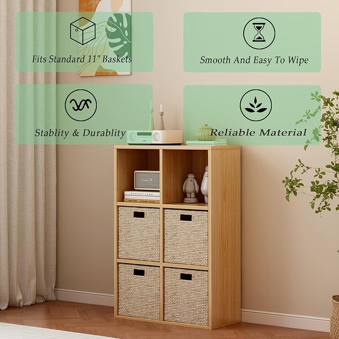 6-Cube Storage Shelf Bookcase - Wooden 3-Tier Floor Standing Open Bookshelf for Home and Office, Display Cabinet, Oak-CasaMuseHome