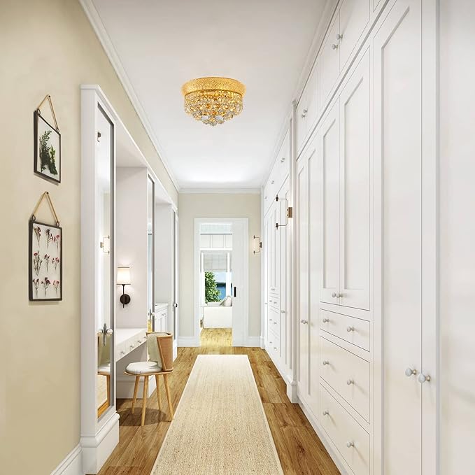 5-Light Crystal Flush Mount Chandelier Ceiling Light Fixture for Living Room Dining Room Bedroom Foyer Entryway Hallway Closet Bathroom (Gold D14)-CasaMuseHome