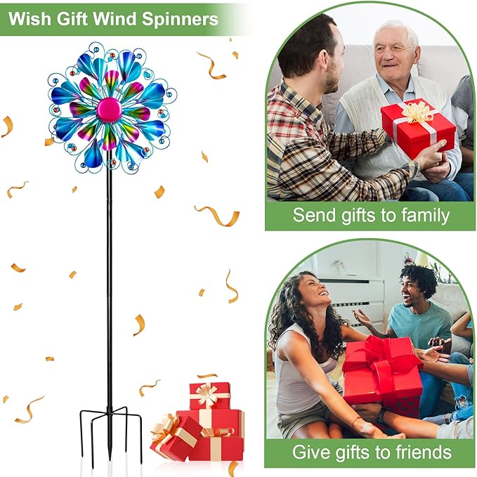 60'' Wind Spinner with Color Glass Ball Solar Lights, Blue Peacock Feathers Metal Garden Outdoor Decor Yard Lawn Art Decor for Patio Kinetic Windmills Unique Gifts for Friends and Family-CasaMuseHome