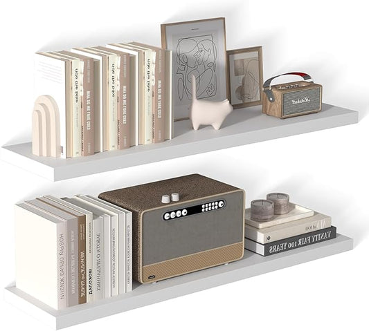 48 Inch Floating Shelf 2 Pack Large Floating Shelves for Wall No Drilling Accessories Included Deep Wall Shelves for Living Room Kitchen Farmhouse 48" W x 12" D x 1.2" White-CasaMuseHome