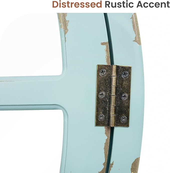 30" Round Window Mirror, Vintage Coastal Wall Mirror with Distressed Blue Wood Frame & Faux Windowpanes, Farmhouse Cottagecore Decor for Living Room, Entryway, or Dining Room-CasaMuseHome