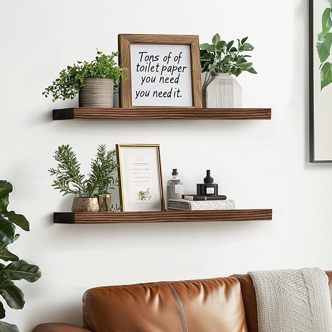 24"x6.8"x1.2" Solid Wood Floating Shelves 2-Pack - Rustic Brown Finish with Hidden Brackets, Perfect for Storage and Décor in Living Room, Kitchen, Bedroom-CasaMuseHome