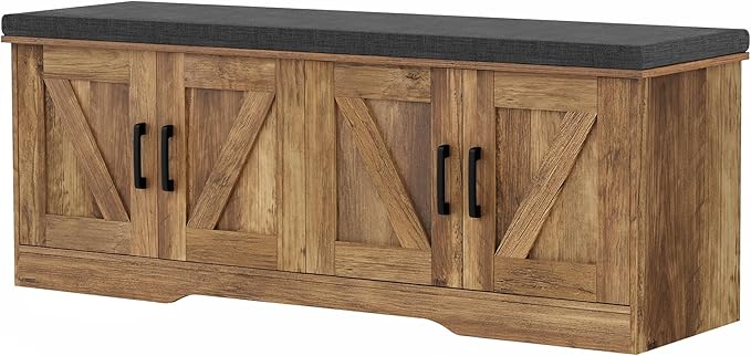 2-Tier Storage Bench, Shoe Bench with Padded Seat Cushion, Entryway Bench with 4 Barn Doors, Adjustable Shelf, 13.8" D x 47.2" W x 17.7" H, for Entryway, Living Room, Bedroom, Rustic Walnut-CasaMuseHome