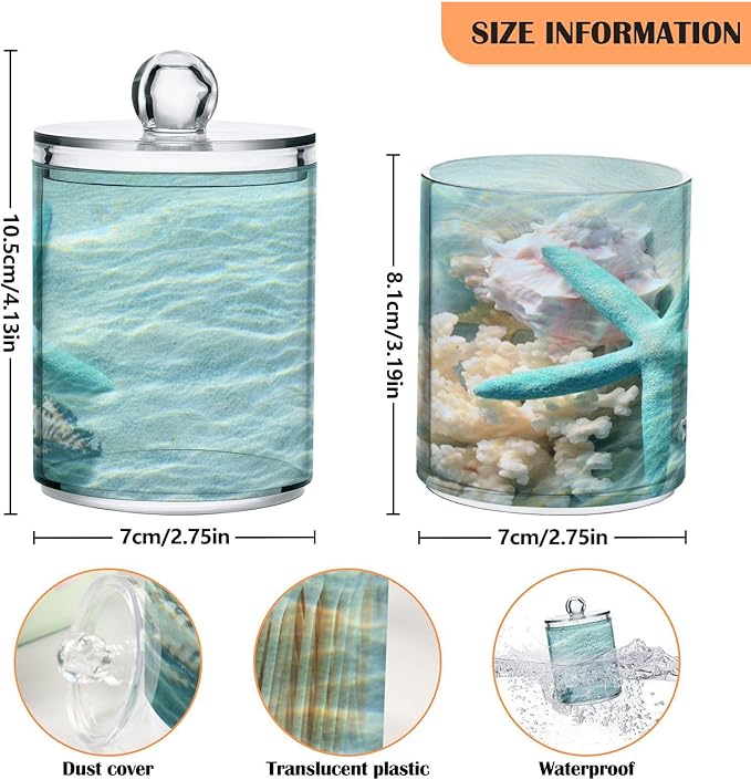2 Pack Qtip Holder Organizer Dispenser Seashell Starfish Summer Beach Bathroom Storage Canister Cotton Ball Holder Container for Cotton Swabs/Pads/Floss-CasaMuseHome