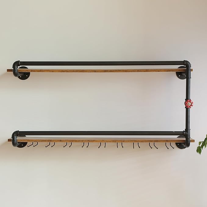 41 Inch Wine Rack Wall Mounted 2 Tier, Hanging Floating Bar Liquor Shelves with Glass Holder Storage Under, Industrial Rustic Pipe Farmhouse Kitchen Decor Black-CasaMuseHome