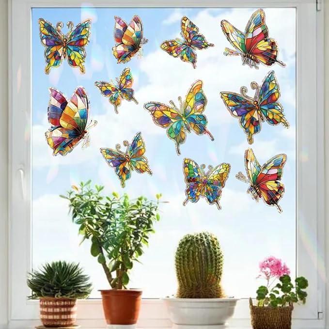 20pcs Window Decals for Bird Strikes, Anti Collision Window Clings, Rainbow Reflection Window Sticker, Butterfly Style Sun Catcher Stickers for Glass Windows-CasaMuseHome