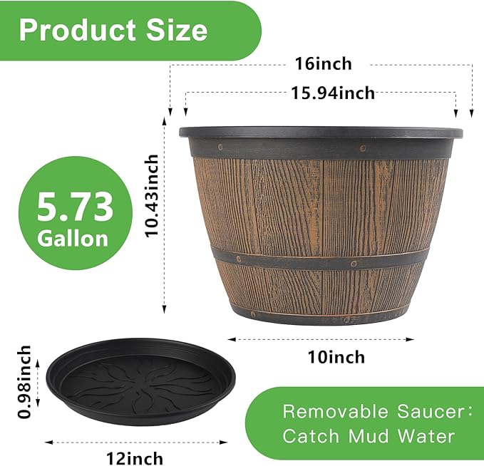 16-inch-Plant-Pots-Indoor-Outdoor, 4 Pack Large Whiskey Barrel Planters with Drainage Holes & Saucer, Plastic Flower Pots Imitation Wine Barrel Design, Decorative Garden Pots for Plants-CasaMuseHome