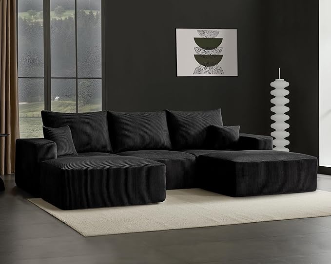 40" Square Stuffed Ottoman Pouf for Sofa Couch, Corduroy Poufs with Foam Chunk Filling, Furry & Fluffy Foot Stool Movable Ottoman. 40 * 31 Floor Poufs Foot Rest for Living Room, Black-CasaMuseHome