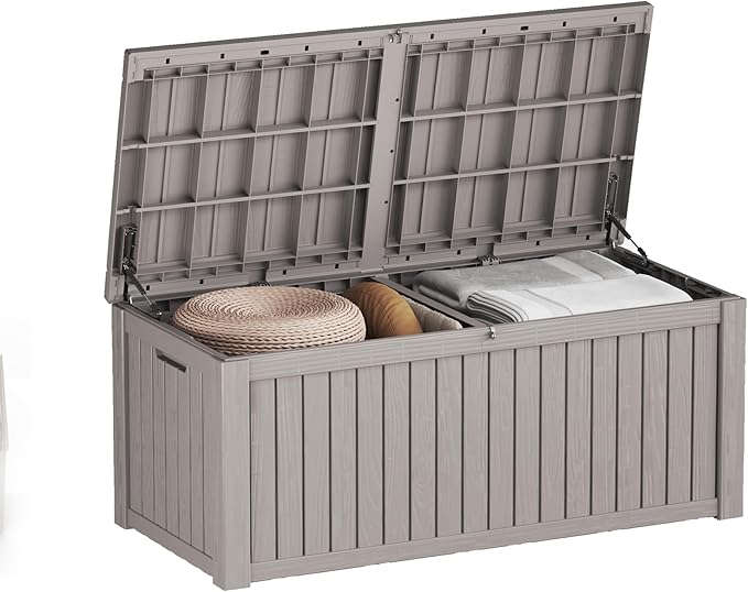150 Gallon Resin Deck Box, Waterproof Outdoor Storage Bin for Patio Furniture, Pool Accessories, and Garden Tools, Lockable & UV-Resistant, Grey-CasaMuseHome