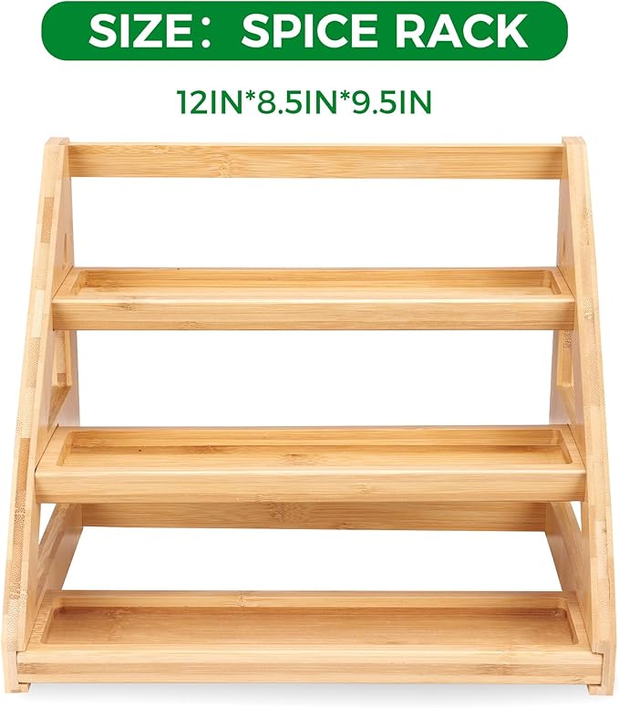 3-Tier Natural Bamboo Spice Rack Organizer - for Kitchen Cabinets, Countertops & Pantries - Space-Saving Tiered Shelf-CasaMuseHome