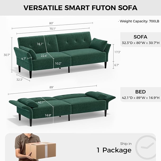 89” Futon Sofa Bed, Velvet Fabric Comfy Futon Couch Bed with 2 Square Pillows, Convertible Sleeper Sofa with Adjustable Backrest& Armrests, Modern Loveseat Sleeper for Living Room, Bedroom-CasaMuseHome