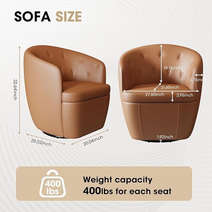 360° Swivel Leather Accent Chair, Modern Barrel Club Chair with Leather Upholstery and Sturdy Base, Comfortable Armchair for Living Room, Bedroom, Reading Nook, Brown-CasaMuseHome