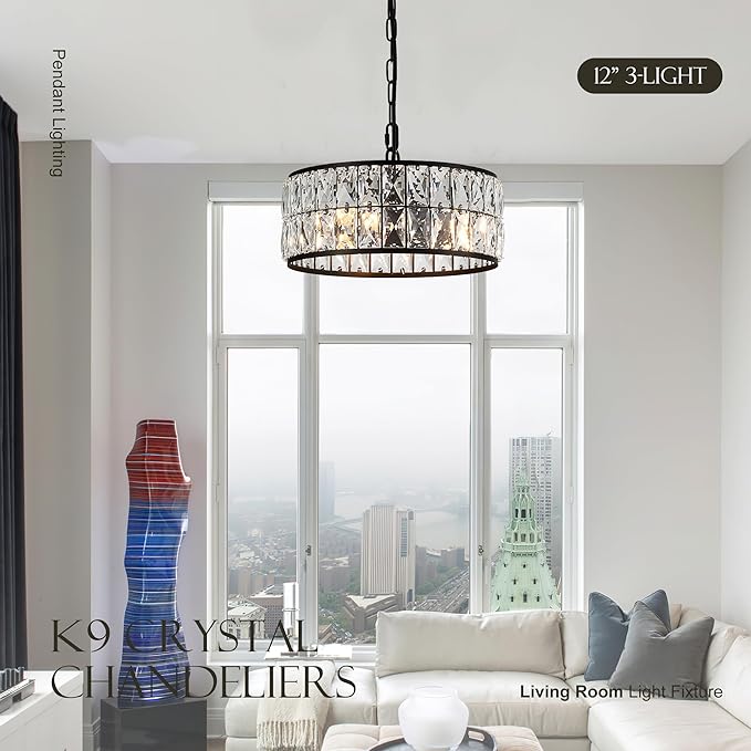 12” 3-Light Modern Crystal Chandeliers Black Dinning Room Light Fixture, Round Pendant Light Kitchen Island Chandelier, Flush Mount Ceiling Light for Living Room Entryway Bedroom Foyer-CasaMuseHome