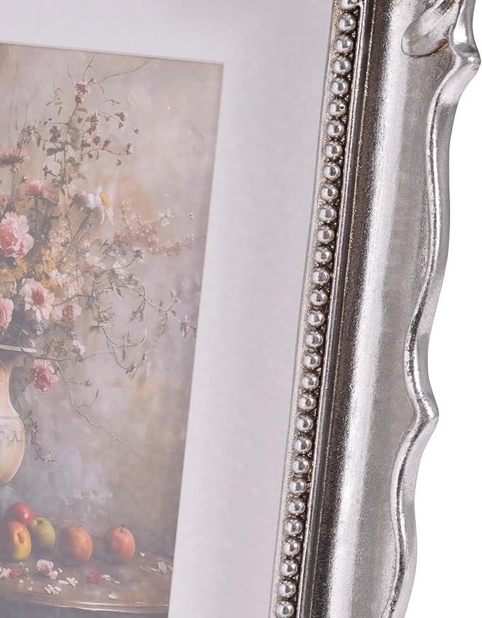 8x10 Vintage Picture Frame with Embossed Flower Design, Silver Ornate Frame for 8x10 or 5x7 Pictures with White Mat, Hand-Crafted Resin Antique Frames for Tabletop & Wall Hanging, Home Decor (Silver)-CasaMuseHome