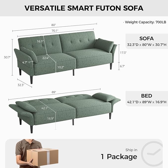 89” Futon Sofa Bed, Linen Comfy Futon Couch Bed with 2 Square Pillows, Convertible Sleeper Sofa with Adjustable Backrest& Armrests, Modern Loveseat Sleeper for Living Room, Bedroom, Green-CasaMuseHome