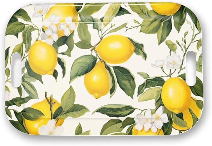 Serving Trays with Handles, 14.5 x 9.8 inch Rectangular Plastic Tray for Restaurant, Kitchen, Lemon and Lemon-CasaMuseHome