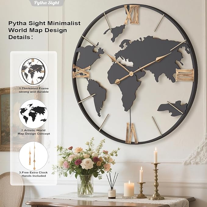 36 Inch Oversized Giant Extra Large Modern Decorative Metal World Map Wall Clock,Big Vintage Gold Roman Numeral Wall Clocks for Living Room,Entryway,Office,Fireplace,Dining Room-CasaMuseHome