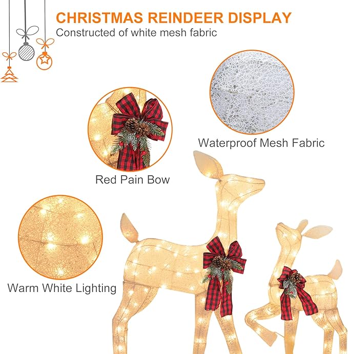 2 Pcs Reindeer Christmas Decoration, Xmas Lighted White Shimmering Doe and Fawn Display Set with 105 Warm White Lights for Yard Lawn Indoor Outdoor-CasaMuseHome