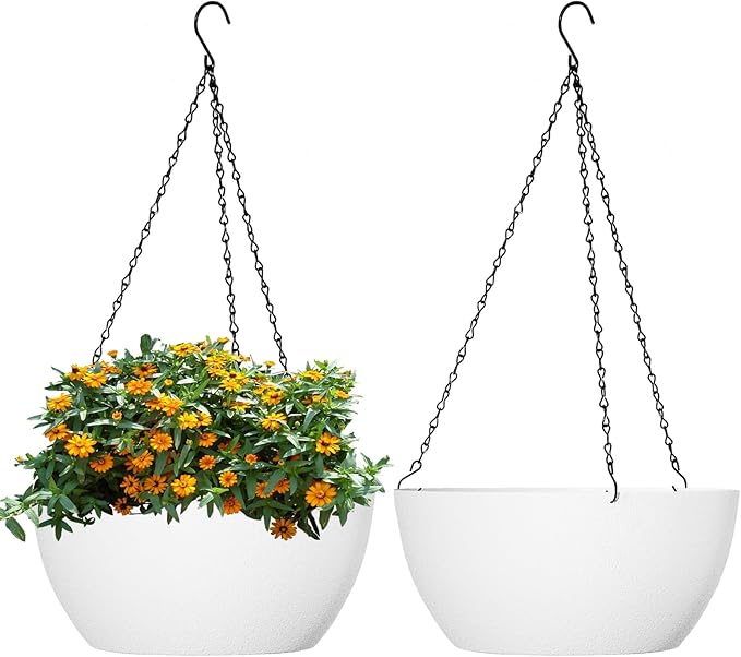 13 inch Large Hanging Planters Plant Pots for Outdoor Indoor Plants with Drainage Holes and Chain, 2 Pack Round Hanging Flower Pots for Garden Home Porch Decor, White-CasaMuseHome