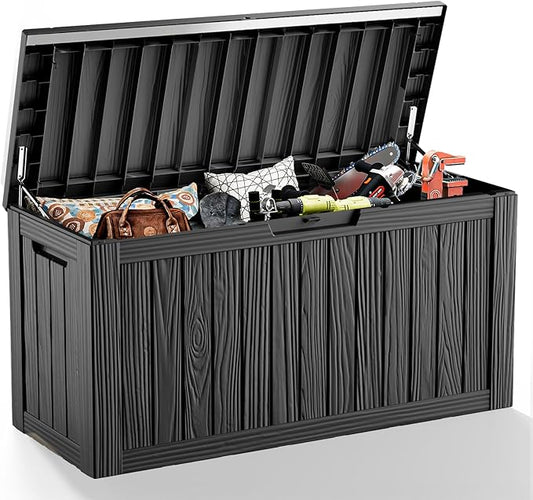 85 Gallon Deck Box Waterproof,Outdoor Storage Box Lockable for Patio Cushions,Garden Tools,Pool Accessories with Hydraulic Rod, UV-Resistant and Durable for Patio,Garden Use-CasaMuseHome