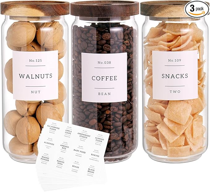 3 Set Glass Pantry Storage Jars with Acacia Airtight Lid - 35oz Thicken Glass Kitchen Canisters with 132 Pantry Labels - Clear Food Storage Containers with Wood Lid for Tea,Sugar,Cookie,Pasta-CasaMuseHome
