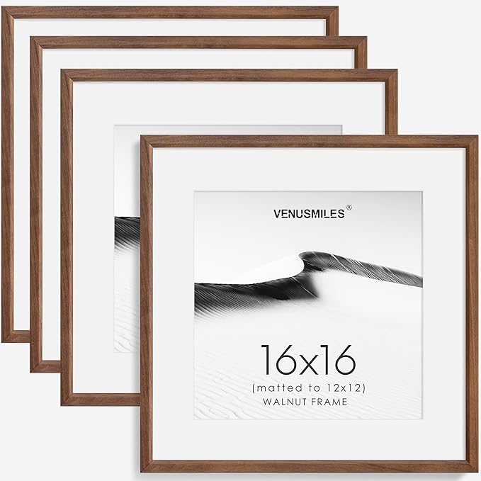 16x16 Picture Frame Set of 4 Natural Solid Walnut Photo Frames with 12x12 Removable Mat Wall Hanging Large Handcrafted Frame with HD Plexiglass Wall and Tabletop Display Large Poster Frame-CasaMuseHome