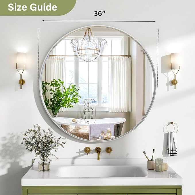 36 Inch Round Bathroom Mirror - Wall Mounted Circle Mirror with Metal Frame, Modern Mirror Suitable for Bathroom, Vanity, Entryway, Living Room, Wall Decor,Silver-CasaMuseHome