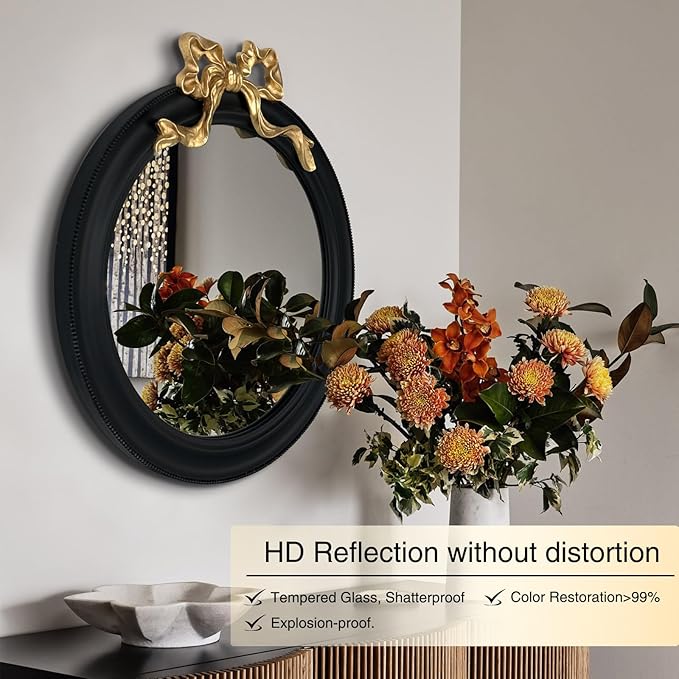 25x25 inch Bow Antique Round Mirror for Wall, Gold & Black Decorative Wall-Mounted Circle Mirror, Perfect for Bedroom, Hallway, Living Room Décor, and Bathroom Vanity-CasaMuseHome