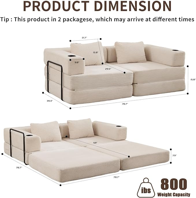 78" W Loveseat Sofa, 4 in 1 Convertible Floor Sofa Bed, Boneless Cloud Couch with Cup Holder, Fold Out Floor Couch, Loveseat Recliner Sleeper for Living Room Bedroom Lounge(Corduroy, White)-CasaMuseHome
