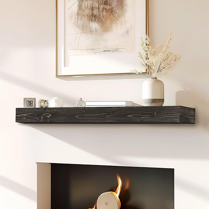 48x8x3 Fireplace Mantel - Handcrafted Hollow Rustic Solid Wood Wall Mounted Floating Shelf with Invisible Heavy Duty Wood Bracket (Weathered Black)-CasaMuseHome