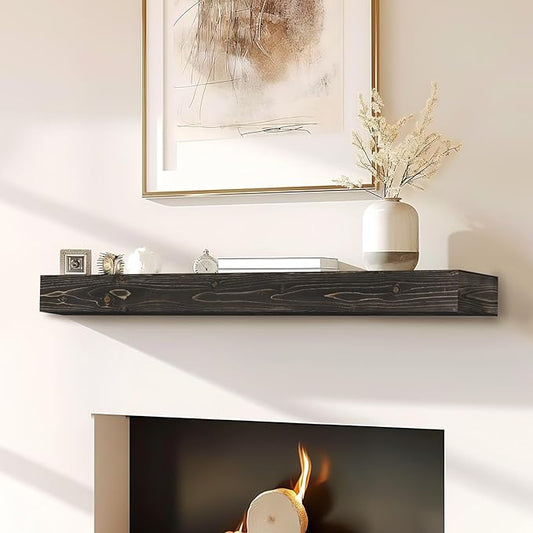 48x8x3 Fireplace Mantel - Handcrafted Hollow Rustic Solid Wood Wall Mounted Floating Shelf with Invisible Heavy Duty Wood Bracket (Weathered Black)-CasaMuseHome