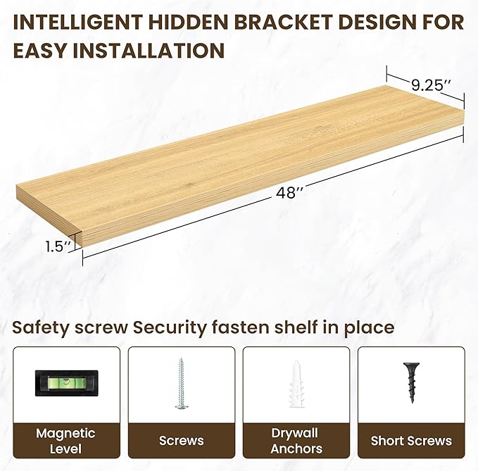 48 Inch Floating Shelves, 3D Textured Wood Grain, 48"x9.25"x1.5" Inch Deep Floating Shelves for Wall, Wooden Shelves for Bathroom, Bedroom, Living Room, Natural-CasaMuseHome