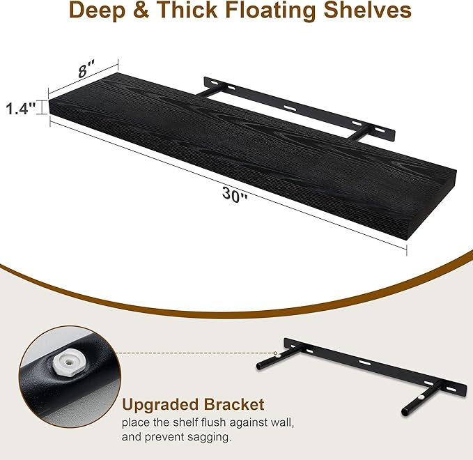 30 Inch Floating Shelves, Rustic Floating Wall Shelves 8 Inch Deep, 30 x 8 Floating Shelves for Home Decor, Deep Display & Storage Shelves for Kitchen, Bathroom, Living Room, Black Color, Set of 2-CasaMuseHome