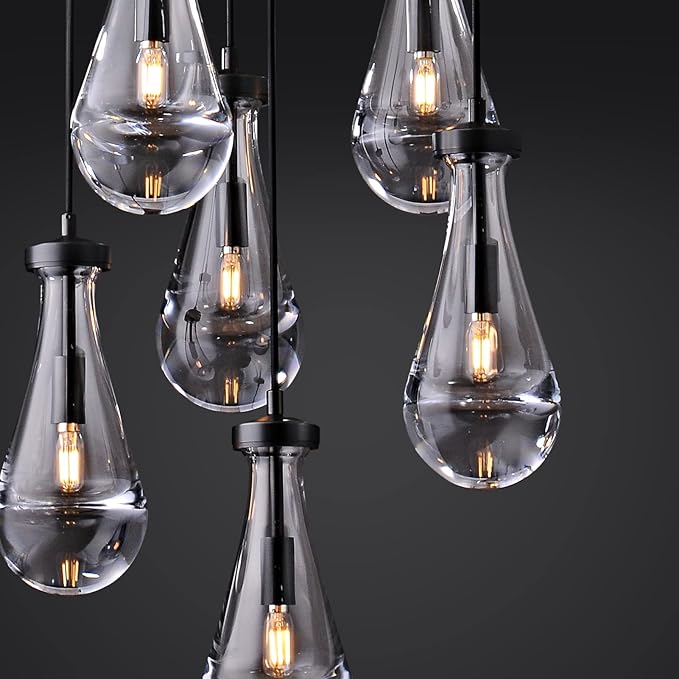 7 Light Raindrop Chandeliers, Bronze Teardrop Cluster Pendant Lights Kitchen Island, Black Dining Room Chandelier Over Table Hanging Pendant Lighting for High Ceiling, Entryway Staircase-CasaMuseHome