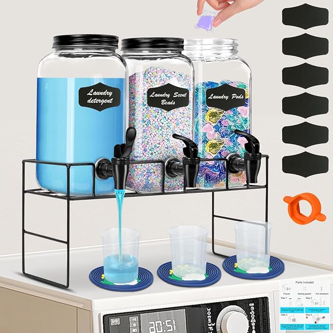 3-Pack 2.2L Glass Laundry Detergent Dispenser Set with Stand - Premium Liquid Soap Dispenser with PP Spigots, Measuring Cups, and Chalkboard Labels for Laundry Room Organization and Storage-CasaMuseHome