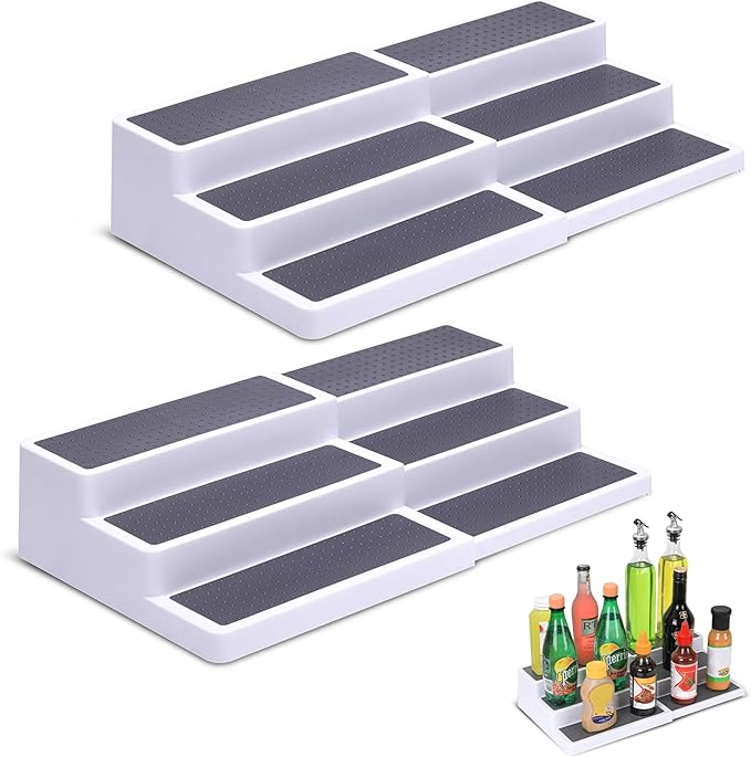 3-Tier Expandable Spice Rack, Plastic Spice Rack Organizer for Cabinet, Adjustable Length, Non-Skid Spice Shelf Organizer for Kitchen Cabinet, Countertop or Pantry, 2 Pack, White/Grey-CasaMuseHome