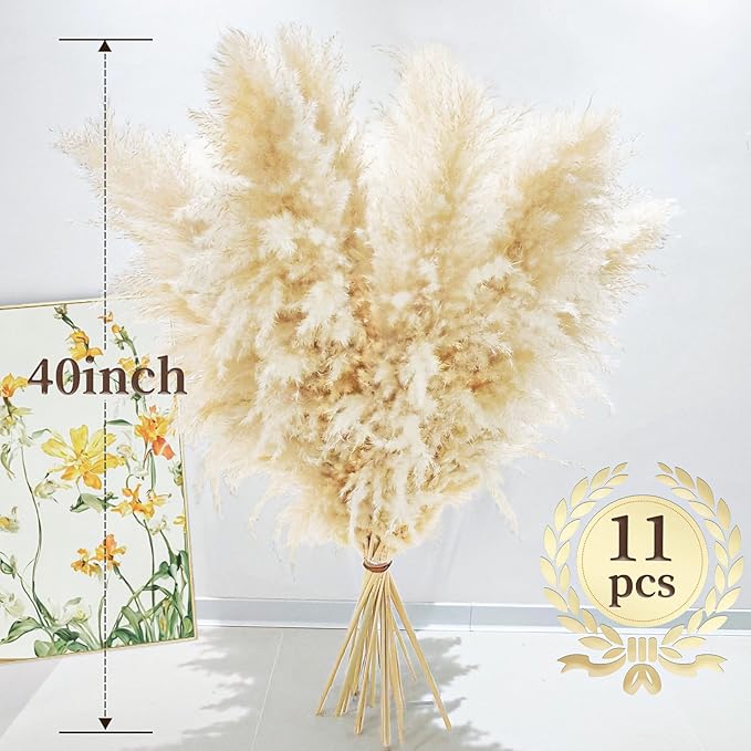 40" 11 PCS Dried Pampas Grass Decor Tall,Large Natural Beige pompas Grass,Tall Pampas Grass for Floor Vase,Wedding,Party,Farmhouse,Boho Home Decor,and Creating a Bohemian Ambiance-CasaMuseHome