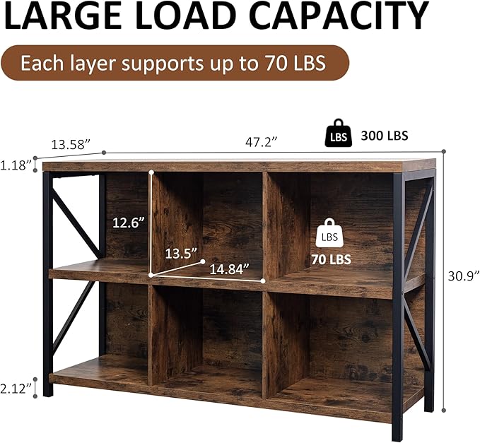6 Cube Storage Organizer Bookshelf, Industrial Horizontal Bookcase, Accent Cubby Shelf, Media Console Table for Living Room, Home Office, 47.2 Inches, Rustic Brown-CasaMuseHome