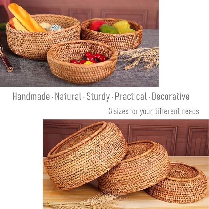 3 Pack Hadewoven Round Rattan Fruit Basket Wicker Food Tray Weaving Storage Holder Dinning Room Bowl, 10 Inch Small Wicker Basket Serving Tray Woven Basket for Bread,Snack,Brown(3-Size Kit)-CasaMuseHome