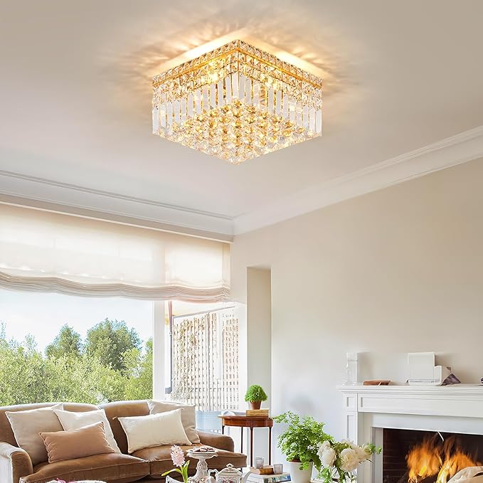 4-Light Gold Crystal Chandeliers Flush Mount Chandelier Light Fixture with K9 Crystals Modern Ceiling Lights Elegant Square Lamp for Bedroom,Hallway,Bar,Living Room,Dining Room,H5.9 xW13.7-CasaMuseHome