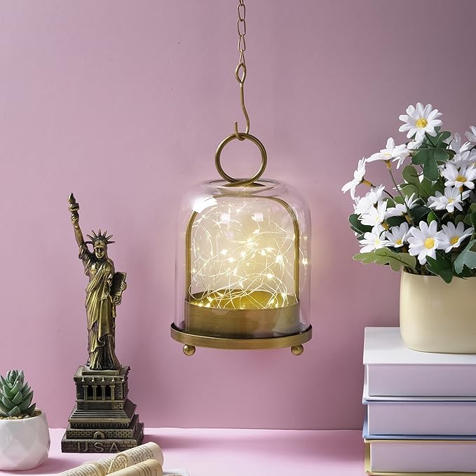 5"x7.5" Versatile Modern Metal Hurricane Lantern with Handmade Sturdy Glass Dome for 3" Pillar Candle & Plants (Brass, 5"x7.5" for 3" Pillar)-CasaMuseHome