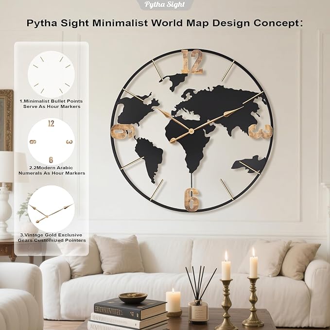 36 Inch Oversized Giant Extra Large Modern Decorative Metal World Map Wall Clock,Big Vintage Gold Arabic Numeral Wall Clocks for Living Room,Entryway,Office,Fireplace,Dining Room-CasaMuseHome